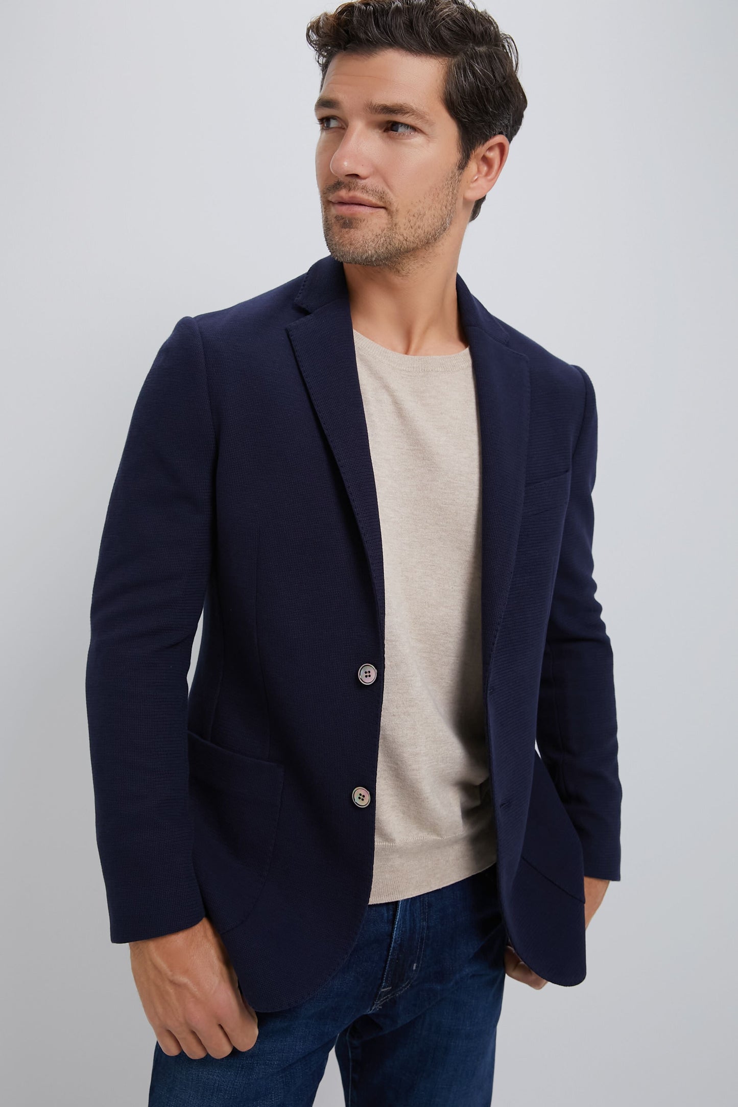 Men's blazer, Navy blue, Knit, troca buttons